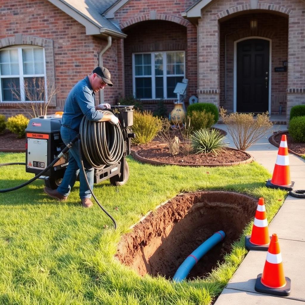 Trenchless sewer bursting rig set up on a Frisco, TX residential lawn