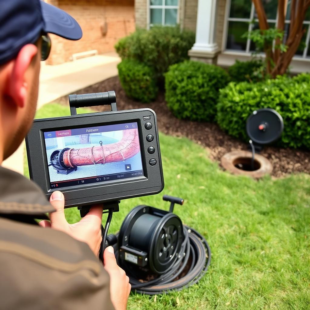 Aqua Pure Plumbing plumber reviewing sewer camera footage on a Frisco, TX lawn