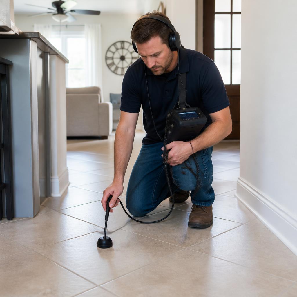 Electronic slab leak detection on a tile floor in a Frisco, TX home