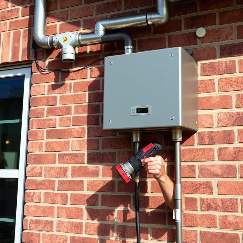 Wall-mounted condensing tankless water heater being installed in Frisco, TX