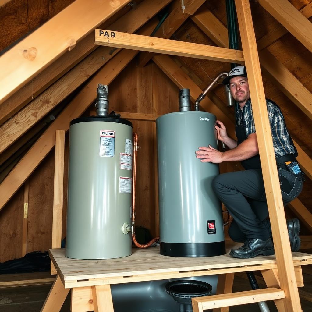 Attic-mounted tank water heater on a plywood platform in a Frisco, TX home