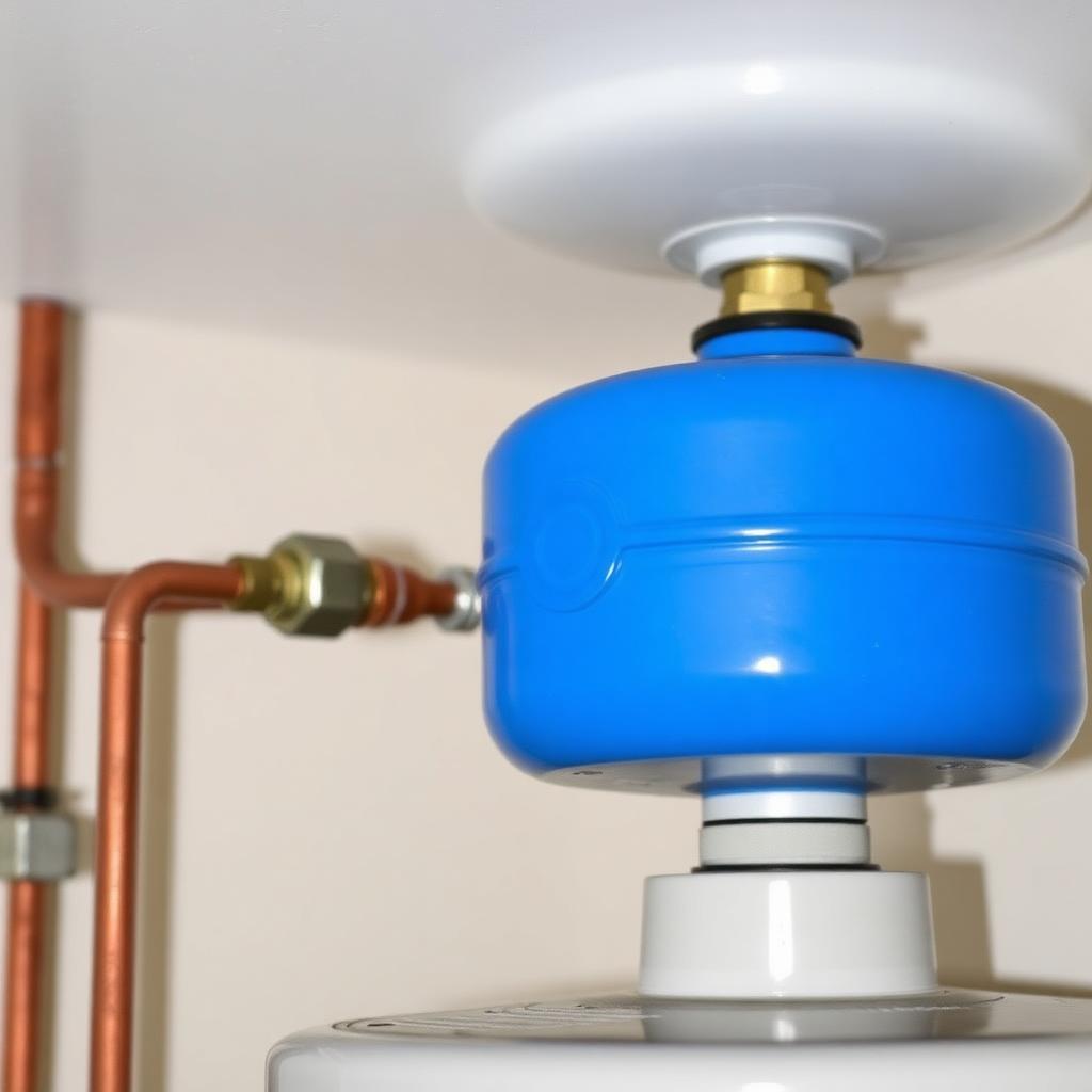 Blue thermal expansion tank on a residential water heater in a Frisco, TX home