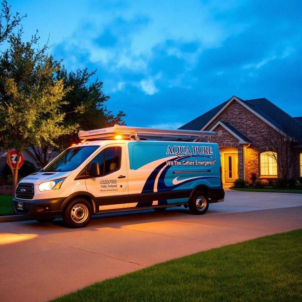 Emergency plumbing van parked outside a Highland Village, TX apartment complex responding to a call