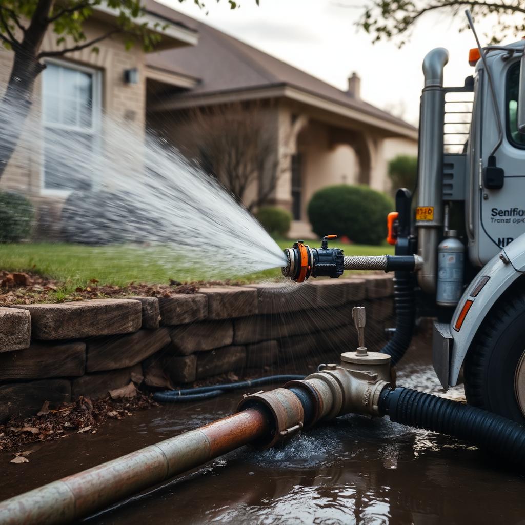 Close-up of a hydro jetting nozzle spraying inside a cast iron sewer pipe removing scale