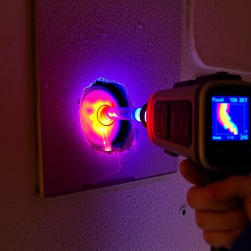 Thermal imaging display showing a hot-side pipe leak inside a Highland Village, TX condo wall