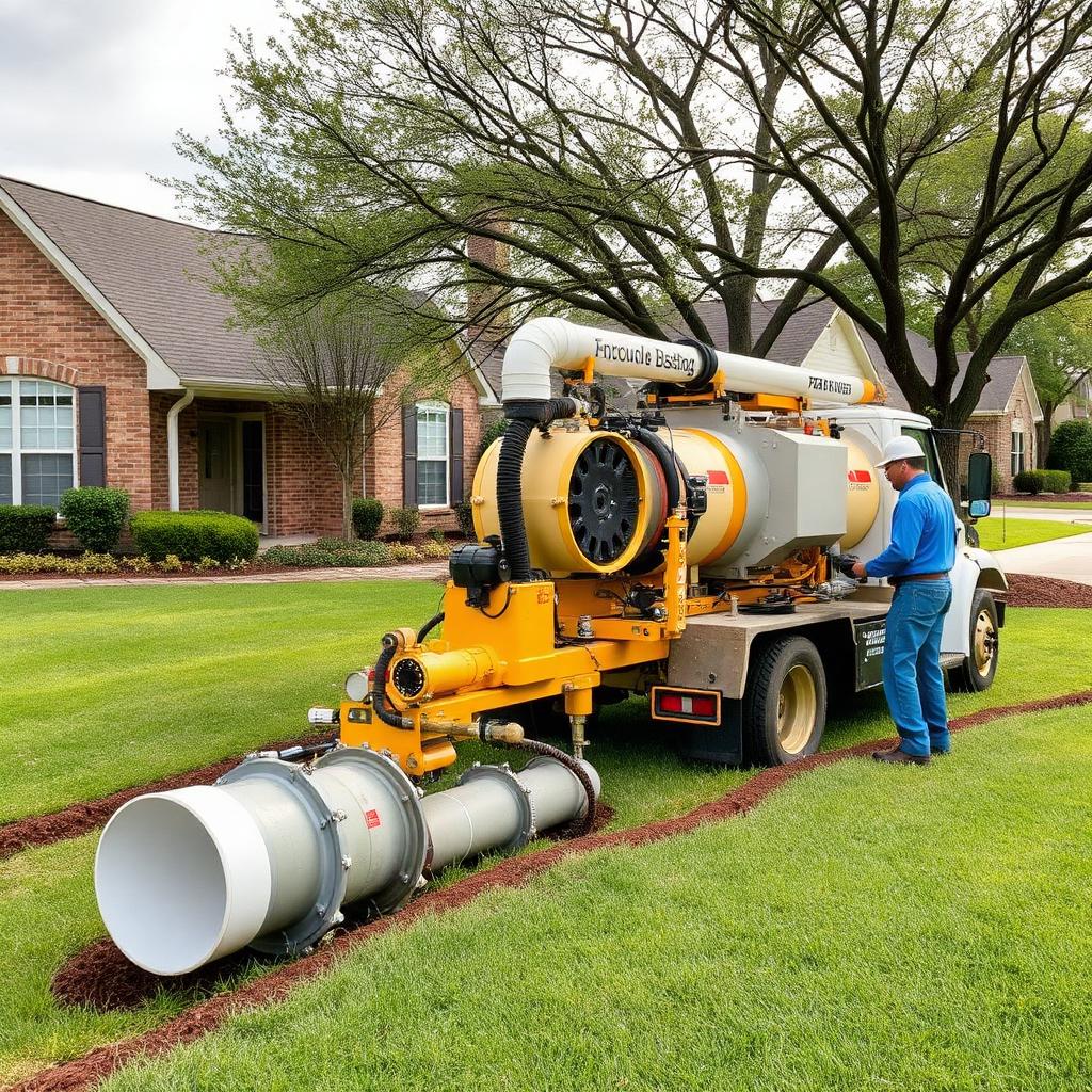 Sewer camera monitor showing a newly replaced HDPE sewer line under a Highland Village, TX ranch