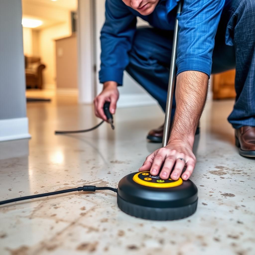 Electronic leak detection sensors on the concrete slab of a Highland Village, TX ranch home