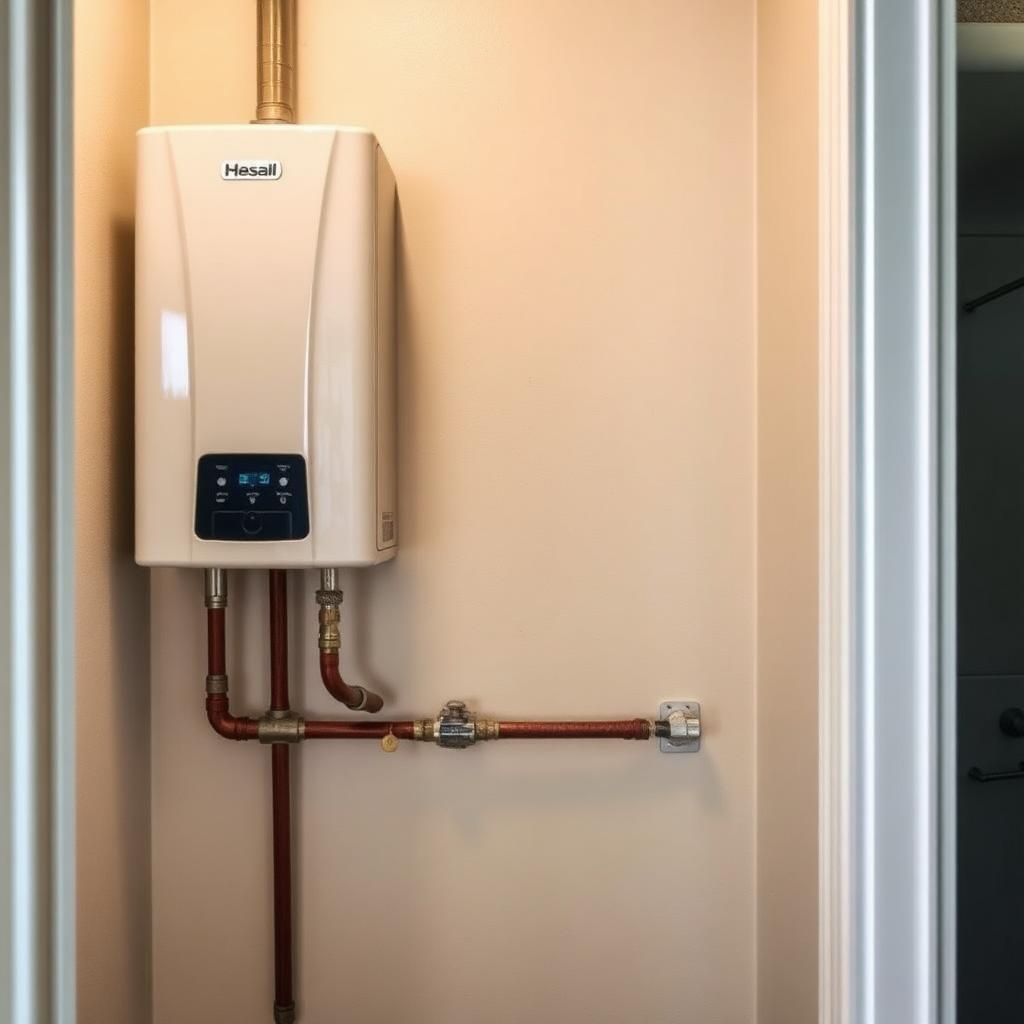 Plumber performing annual descaling on a tankless water heater in a Highland Village, TX utility closet
