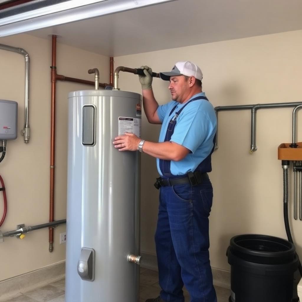 Plumber draining and servicing a 50-gallon tank water heater in a Highland Village, TX condo mechanical closet