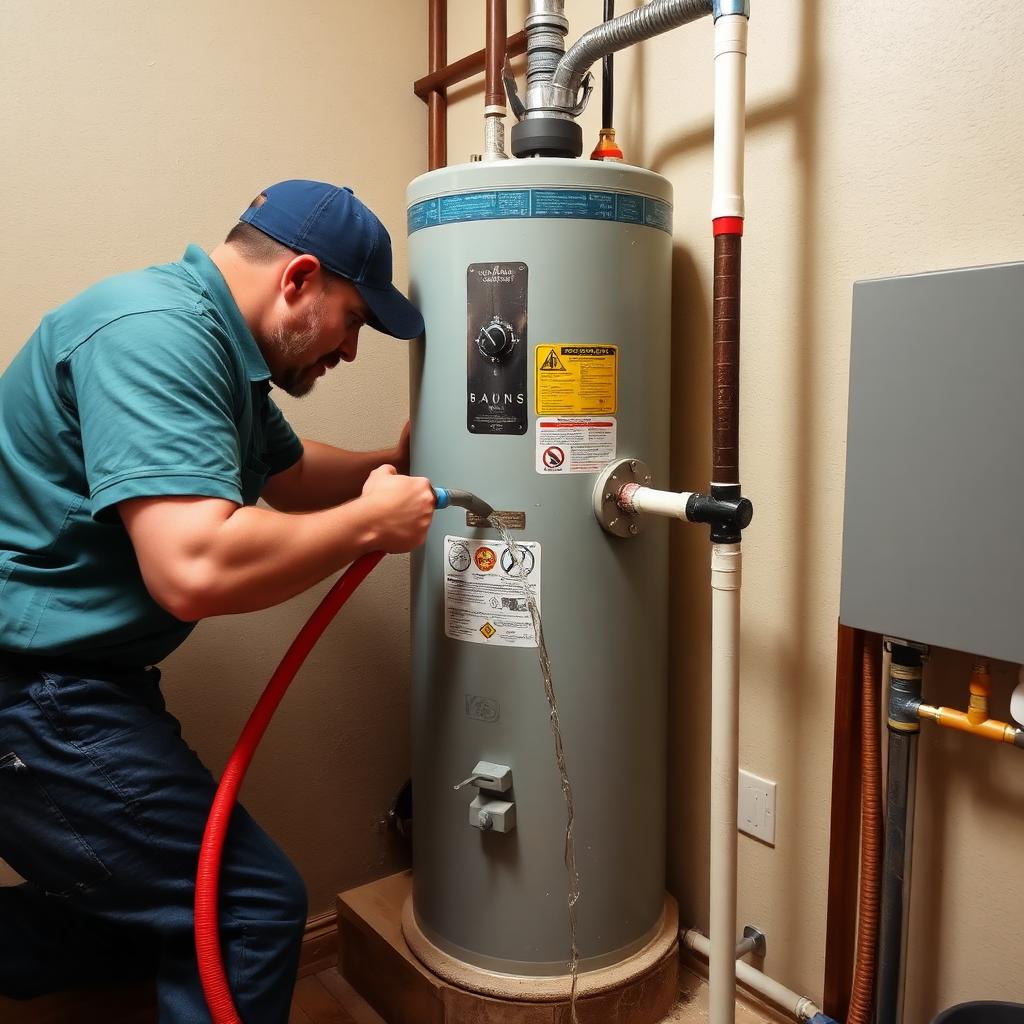 New Rheem gas water heater with expansion tank and drain pan installed in a Highland Village, TX townhome closet