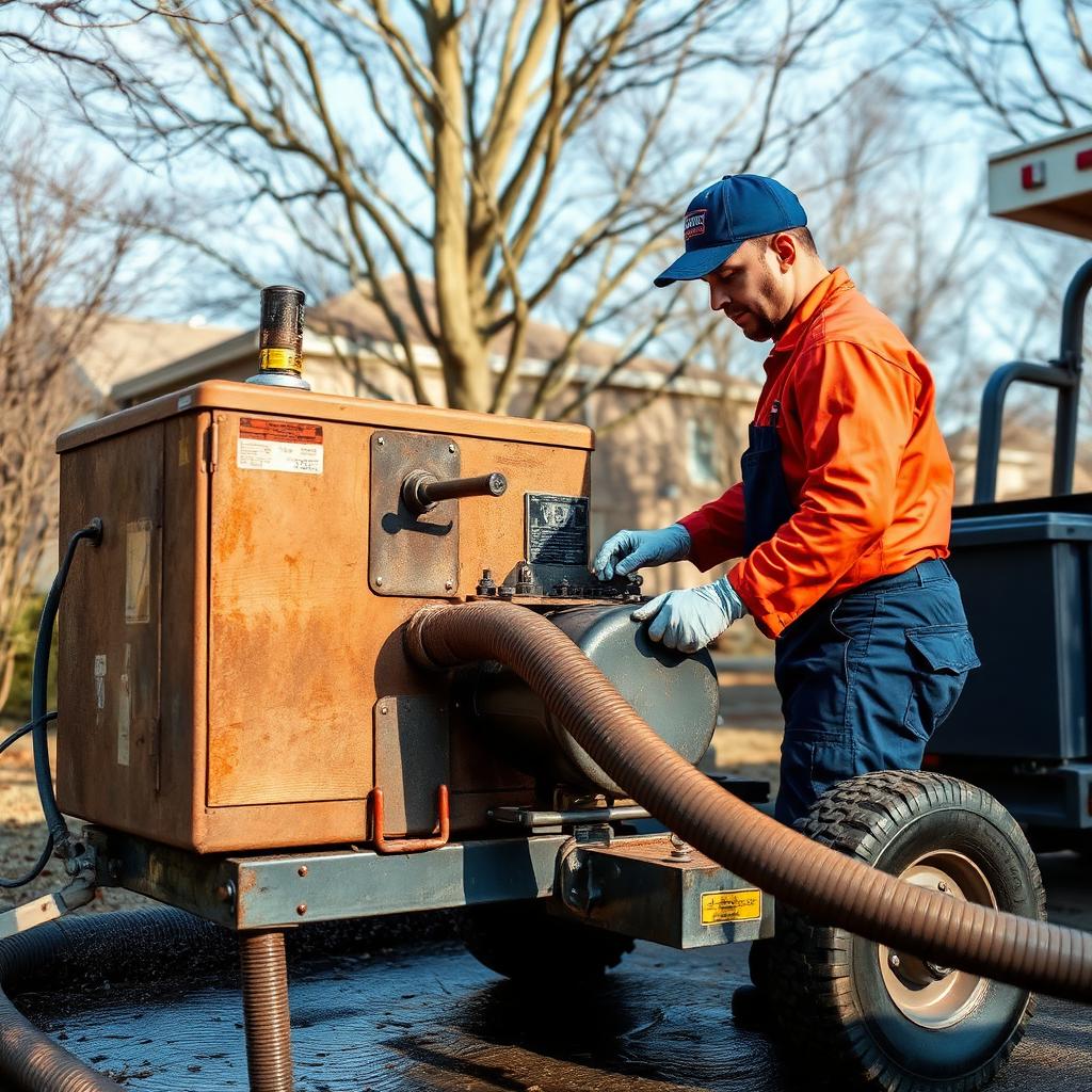 Sectional drain cleaning machine cabling into the cast iron main cleanout of a Lake Dallas, TX condo