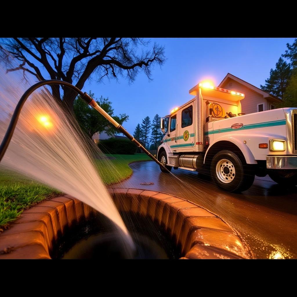 Close-up of a hydro jetting nozzle spraying inside a cast iron sewer pipe removing scale