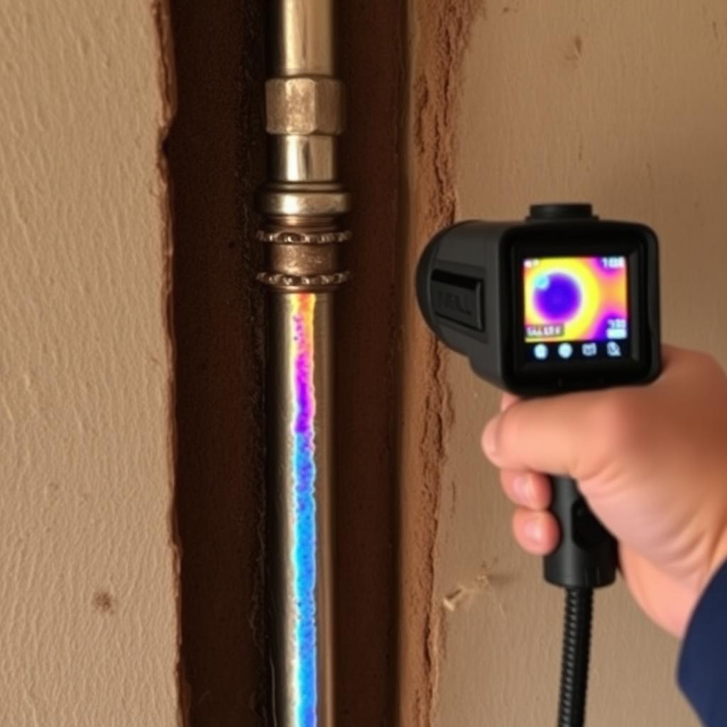 Thermal imaging display showing a hot-side pipe leak inside a Lake Dallas, TX condo wall