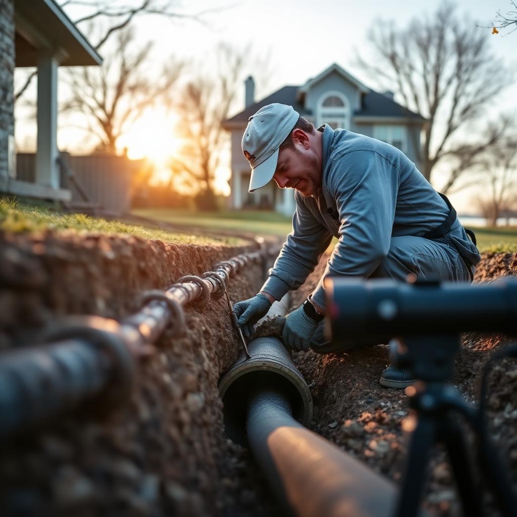 Compact pipe bursting rig positioned behind a Lake Dallas, TX townhome sewer cleanout