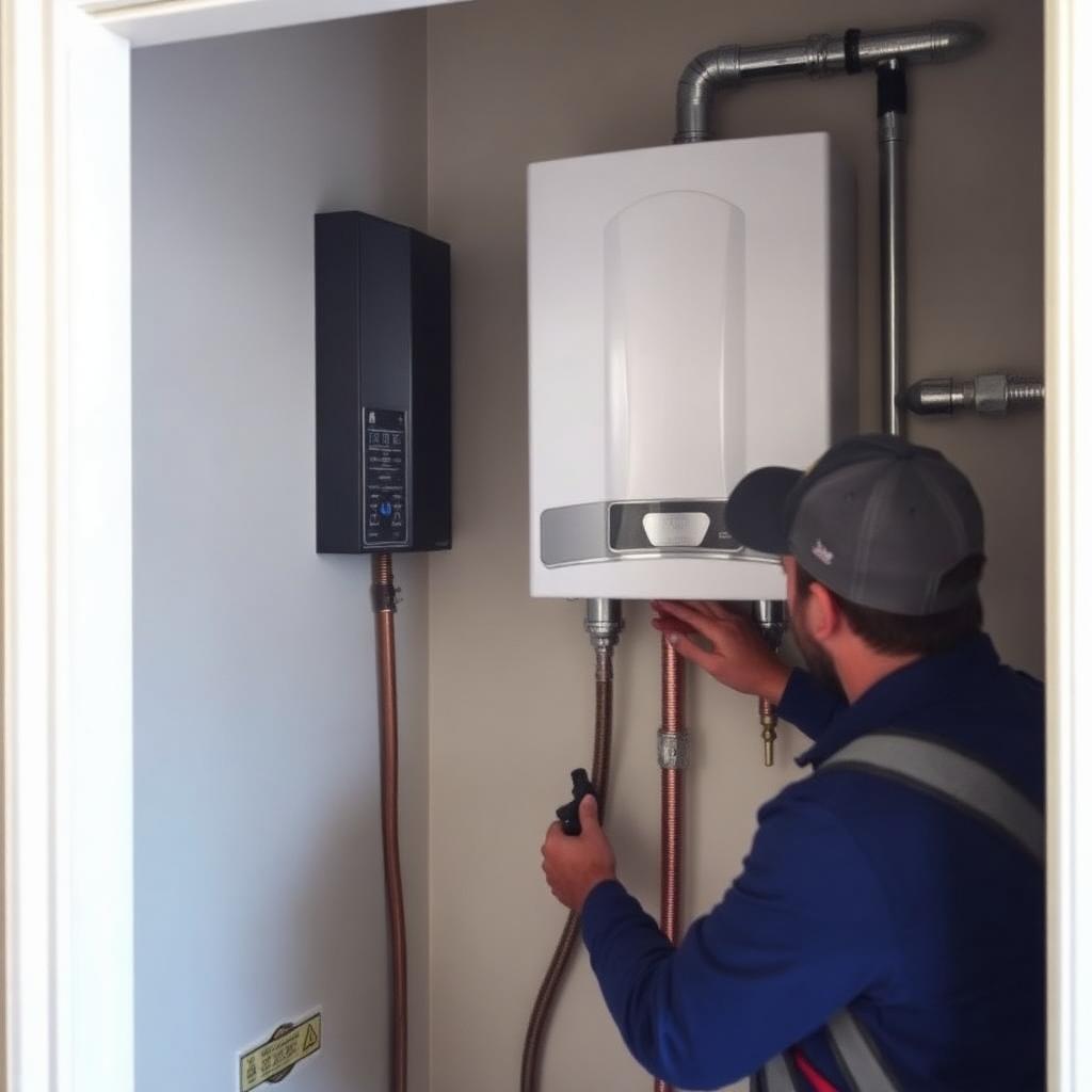 Plumber performing annual descaling on a tankless water heater in a Lake Dallas, TX utility closet