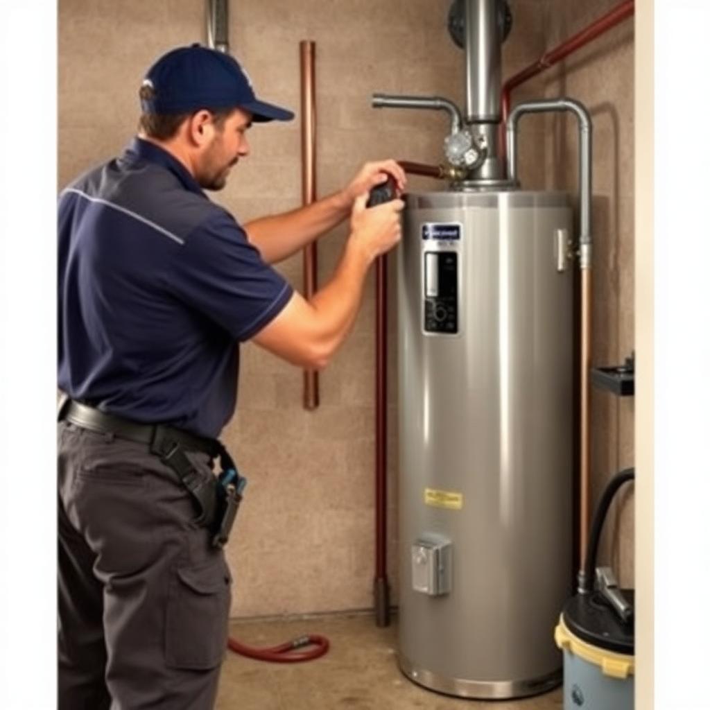 Plumber draining and servicing a 50-gallon tank water heater in a Lake Dallas, TX condo mechanical closet