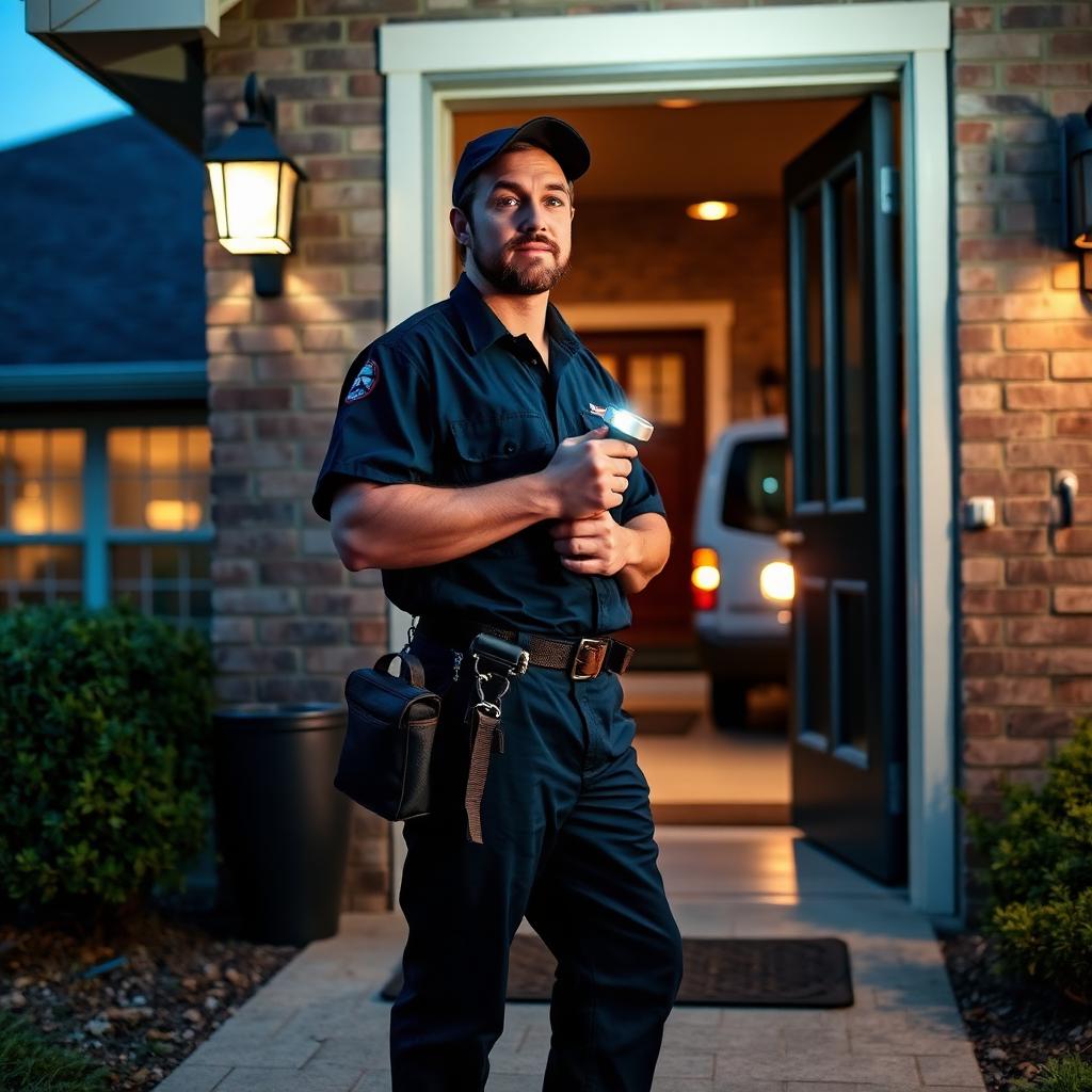 Plumber shutting off a main water valve at a burst pipe inside a Lewisville, TX laundry room