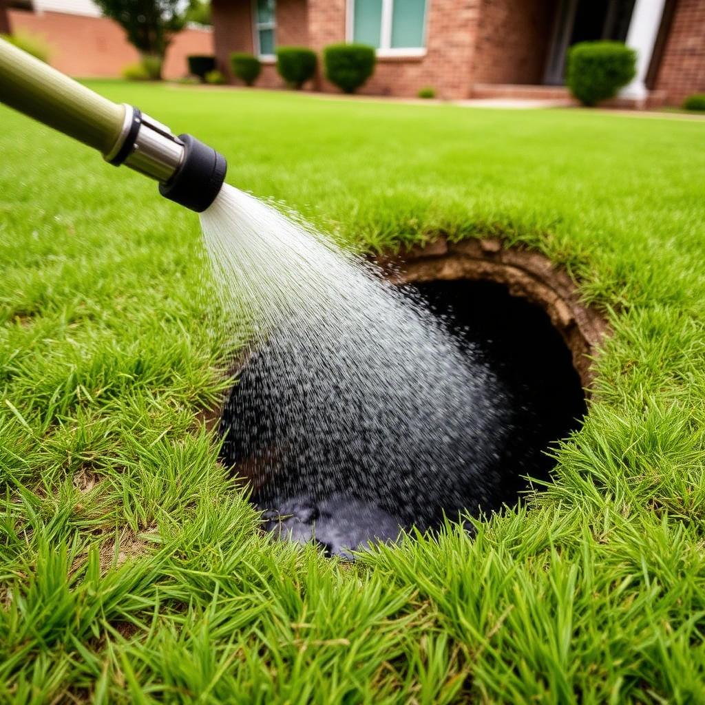 Close-up of a hydro jetting nozzle spraying inside a cast iron sewer pipe removing scale