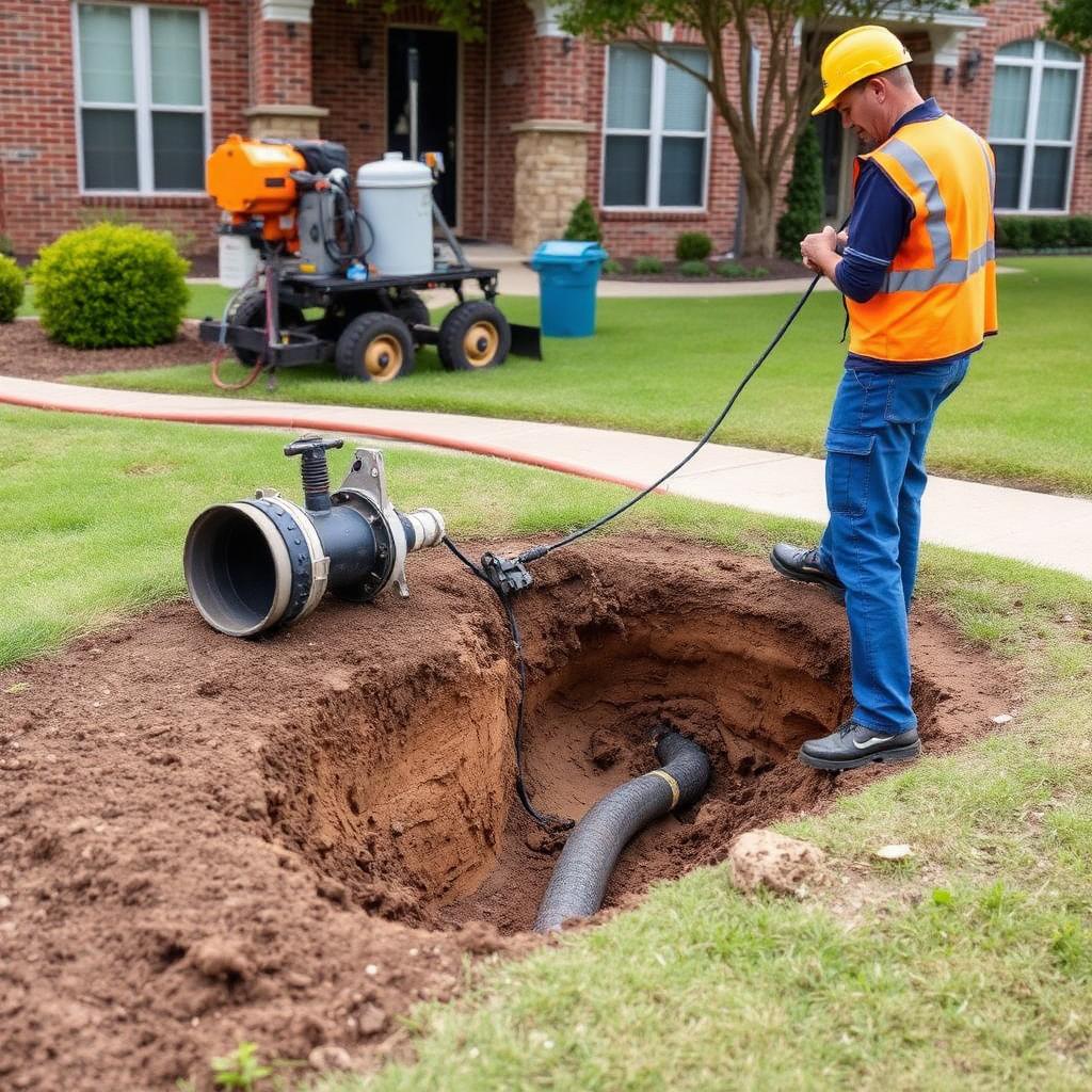 Compact pipe bursting rig positioned behind a Lewisville, TX townhome sewer cleanout