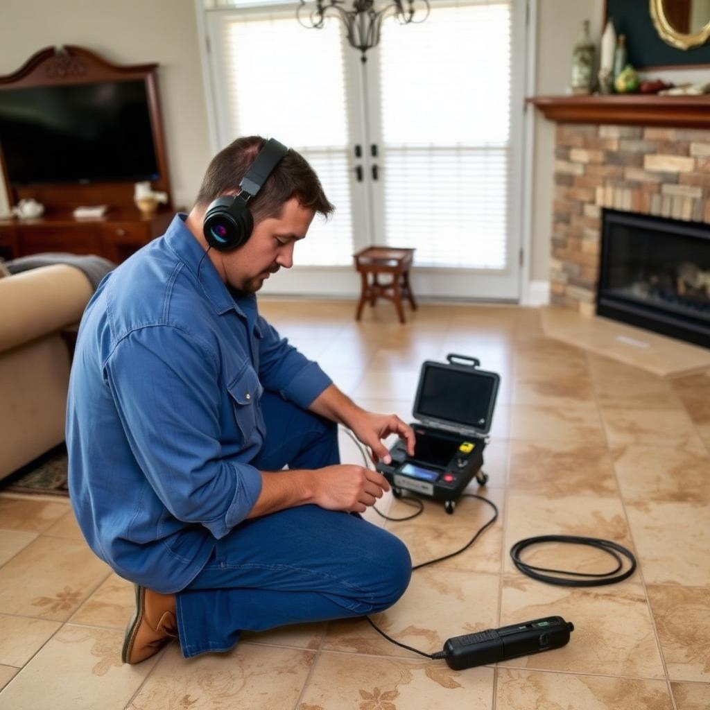 Electronic leak detection sensors on the concrete slab of a Lewisville, TX ranch home