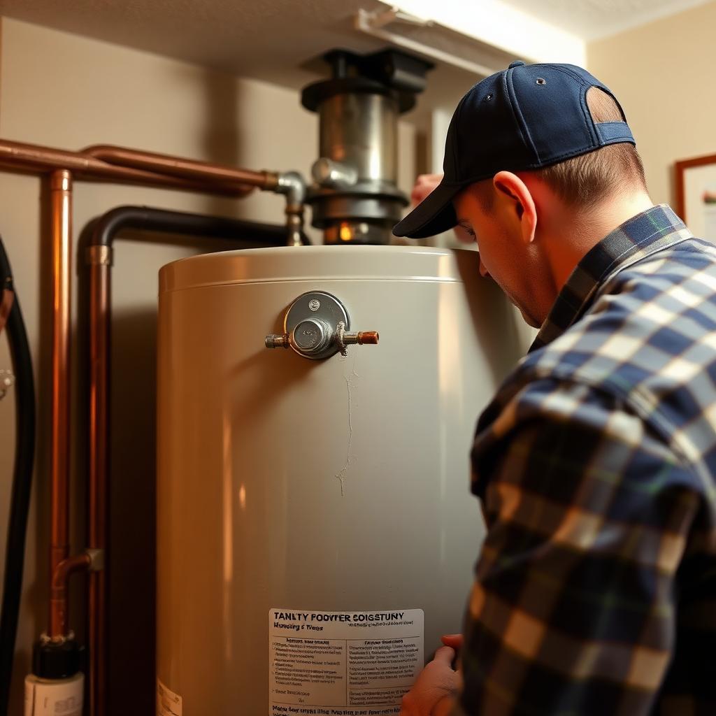 New Rheem gas water heater with expansion tank and drain pan installed in a Lewisville, TX townhome closet