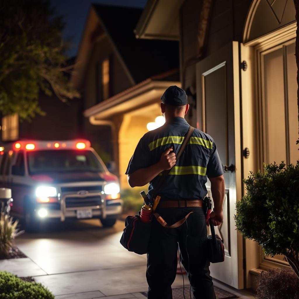 Plumber shutting off a main water valve at a burst pipe inside a McKinney, TX laundry room