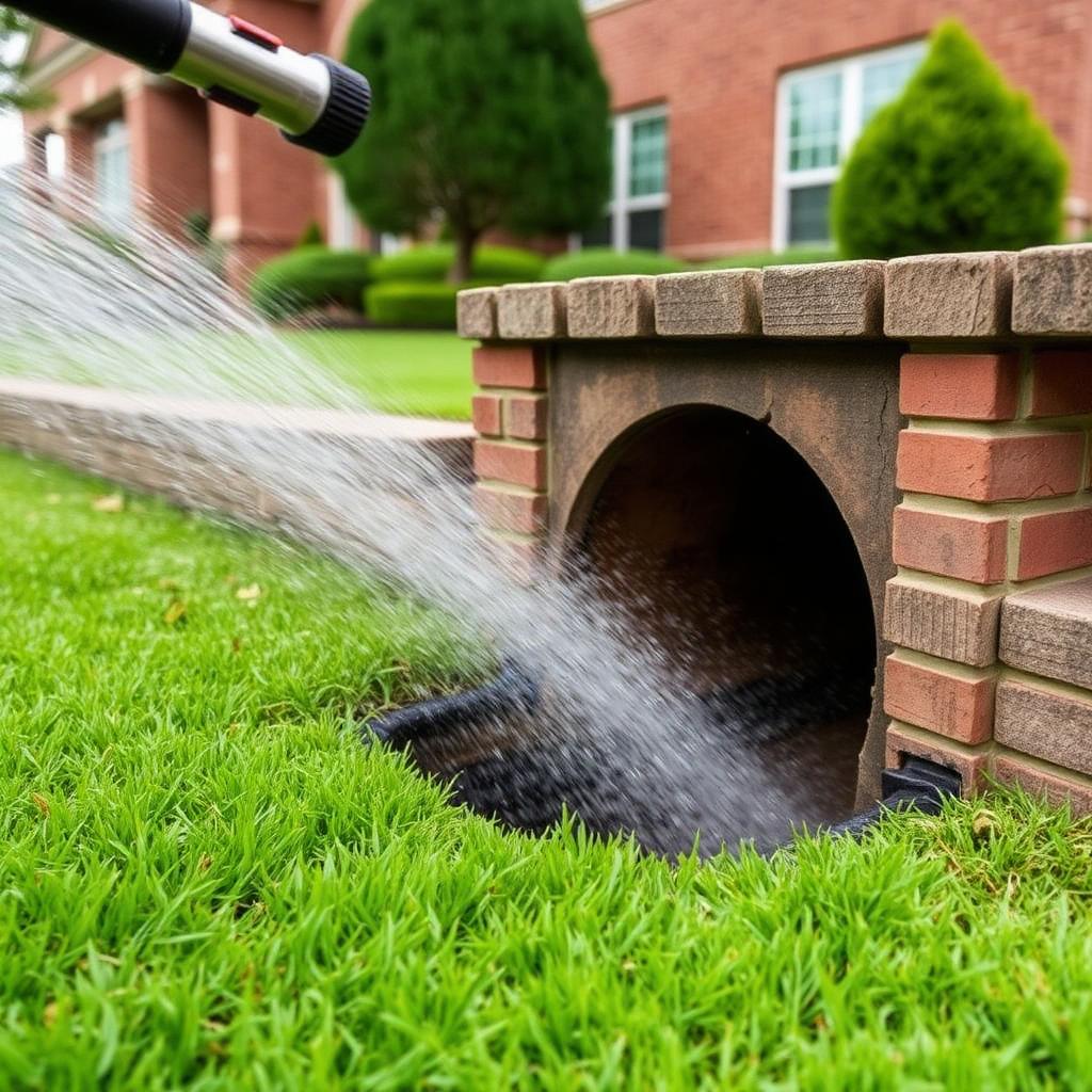 Close-up of a hydro jetting nozzle spraying inside a cast iron sewer pipe removing scale