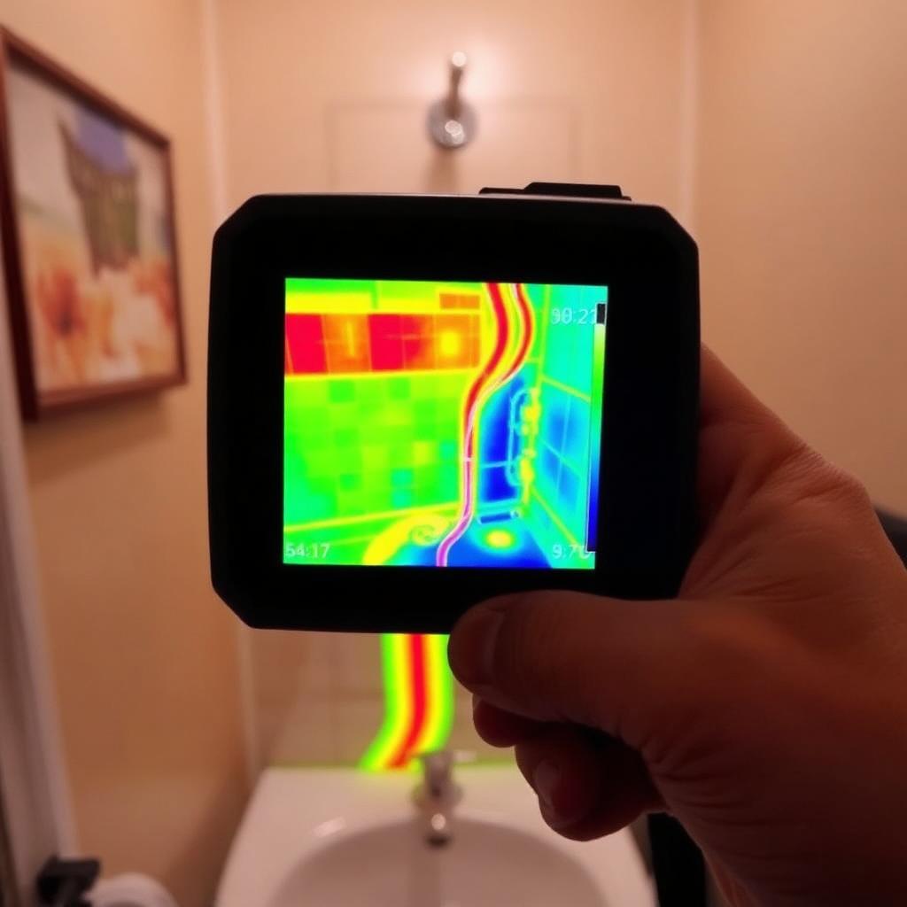 Thermal imaging display showing a hot-side pipe leak inside a McKinney, TX condo wall