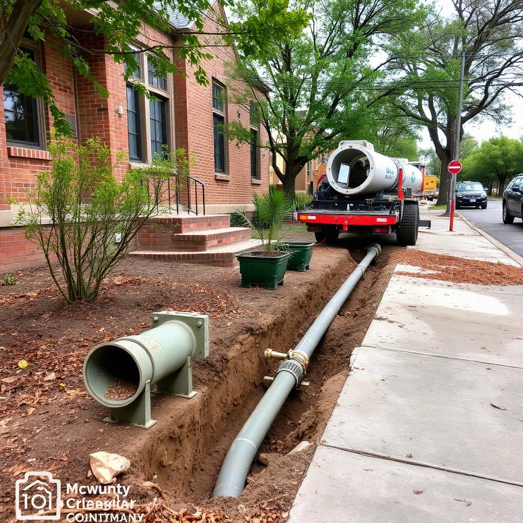Compact pipe bursting rig positioned behind a McKinney, TX townhome sewer cleanout