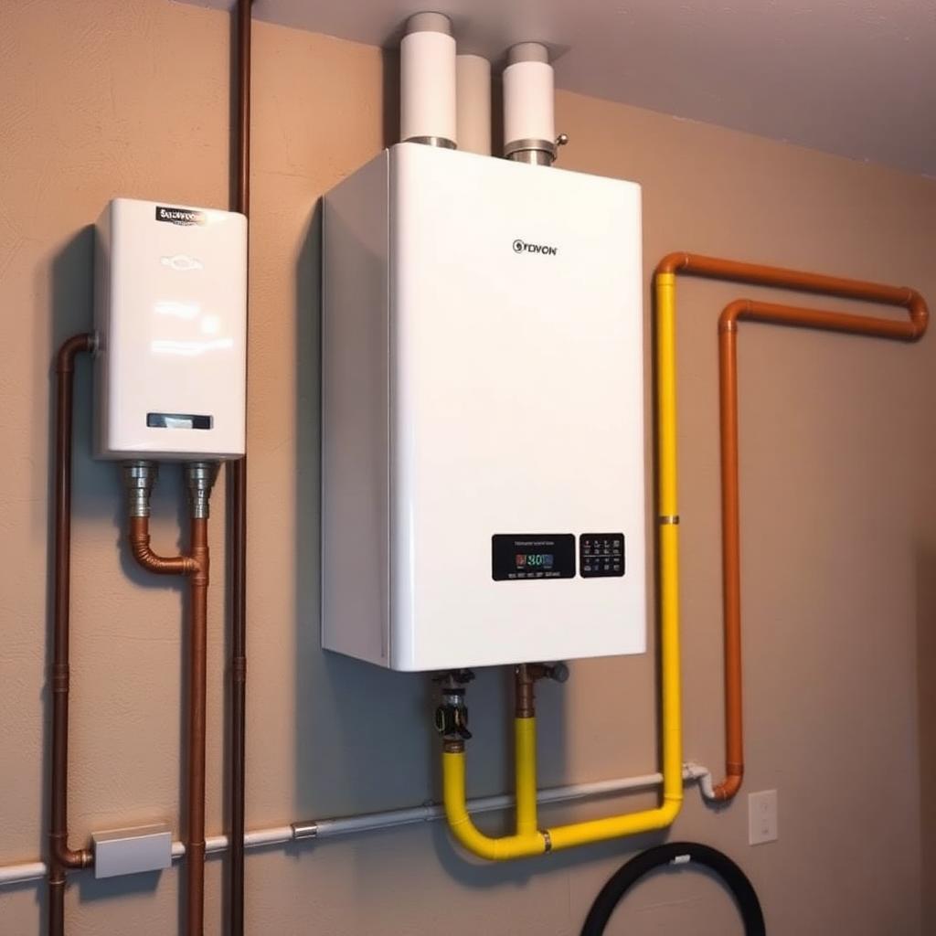 Plumber performing annual descaling on a tankless water heater in a McKinney, TX utility closet