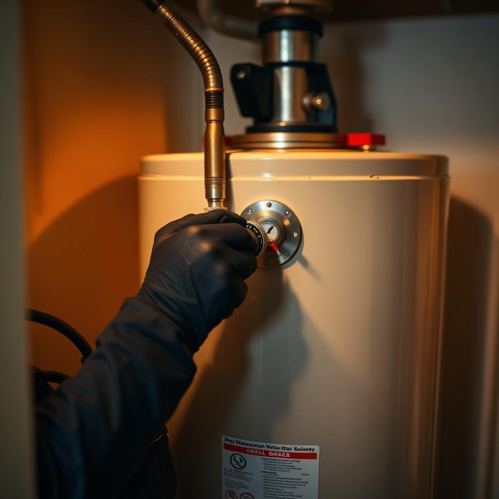 New Rheem gas water heater with expansion tank and drain pan installed in a McKinney, TX townhome closet