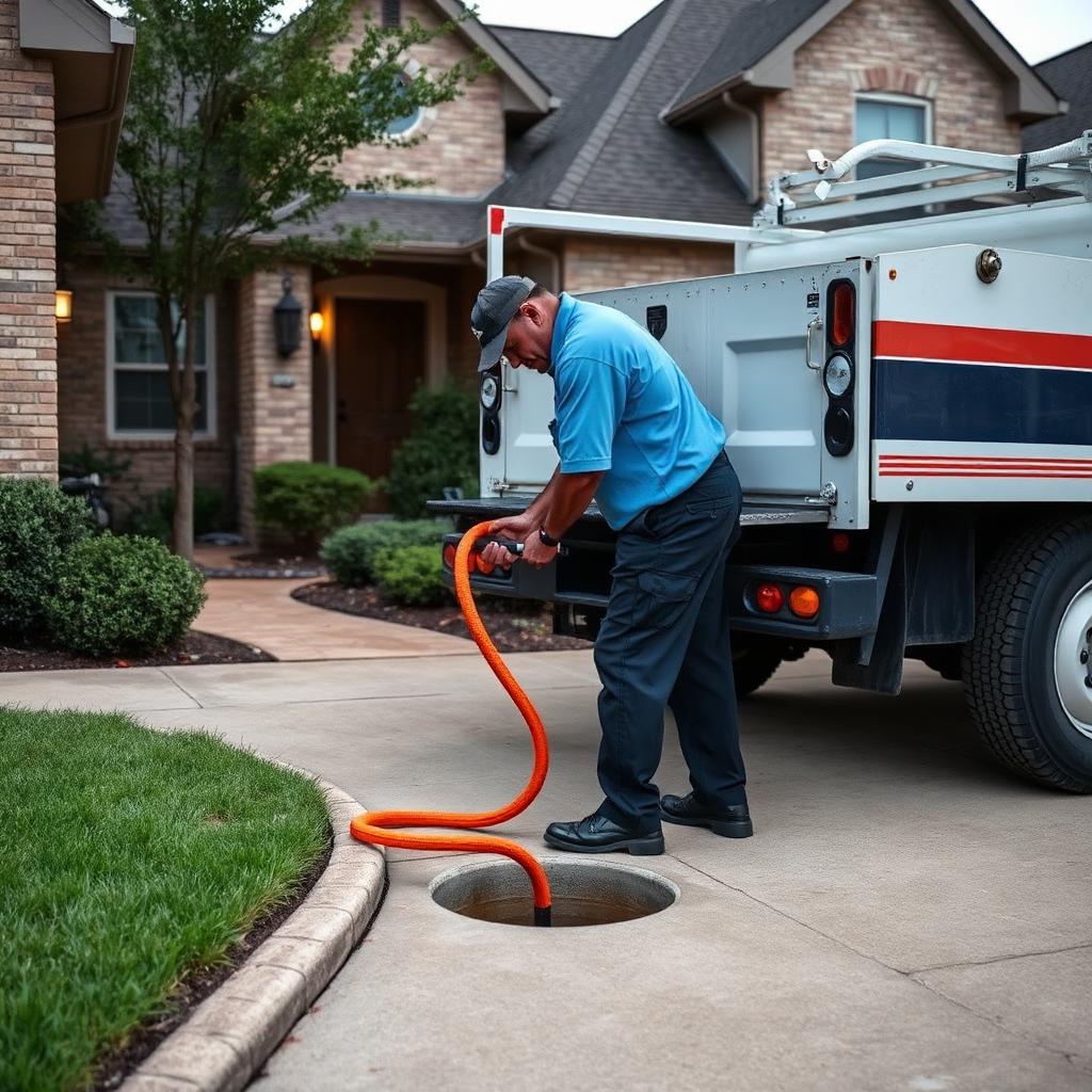 Sectional drain cleaning machine cabling into the cast iron main cleanout of a Plano, TX condo