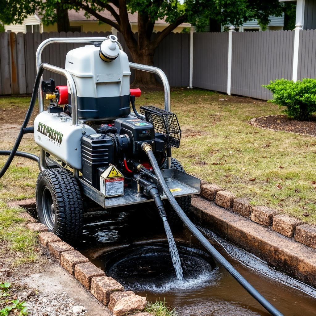 Close-up of a hydro jetting nozzle spraying inside a cast iron sewer pipe removing scale