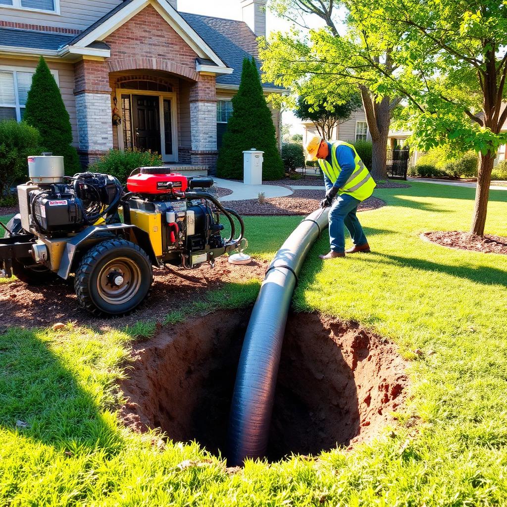 Compact pipe bursting rig positioned behind a Plano, TX townhome sewer cleanout