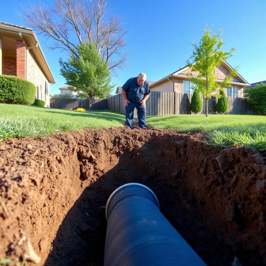 Sewer camera monitor showing a newly replaced HDPE sewer line under a Plano, TX ranch