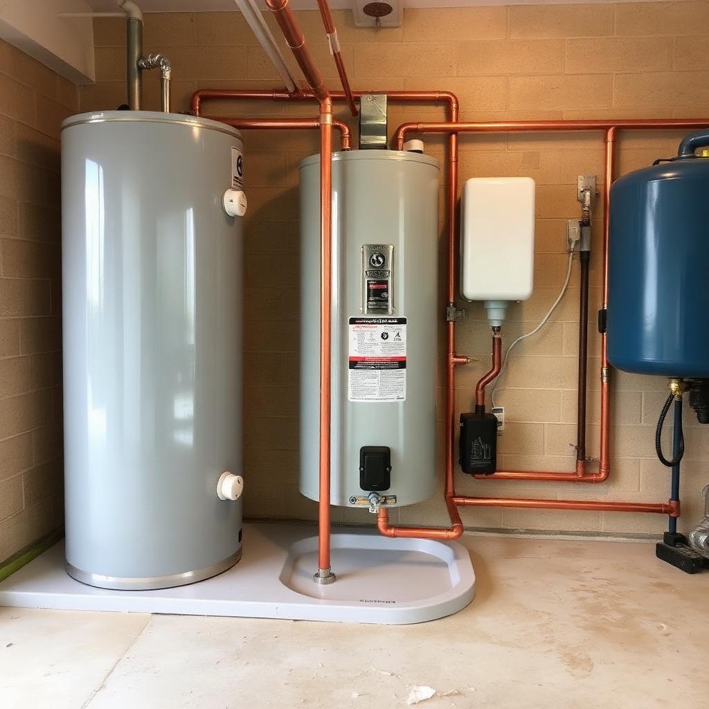 Plumber draining and servicing a 50-gallon tank water heater in a Plano, TX condo mechanical closet