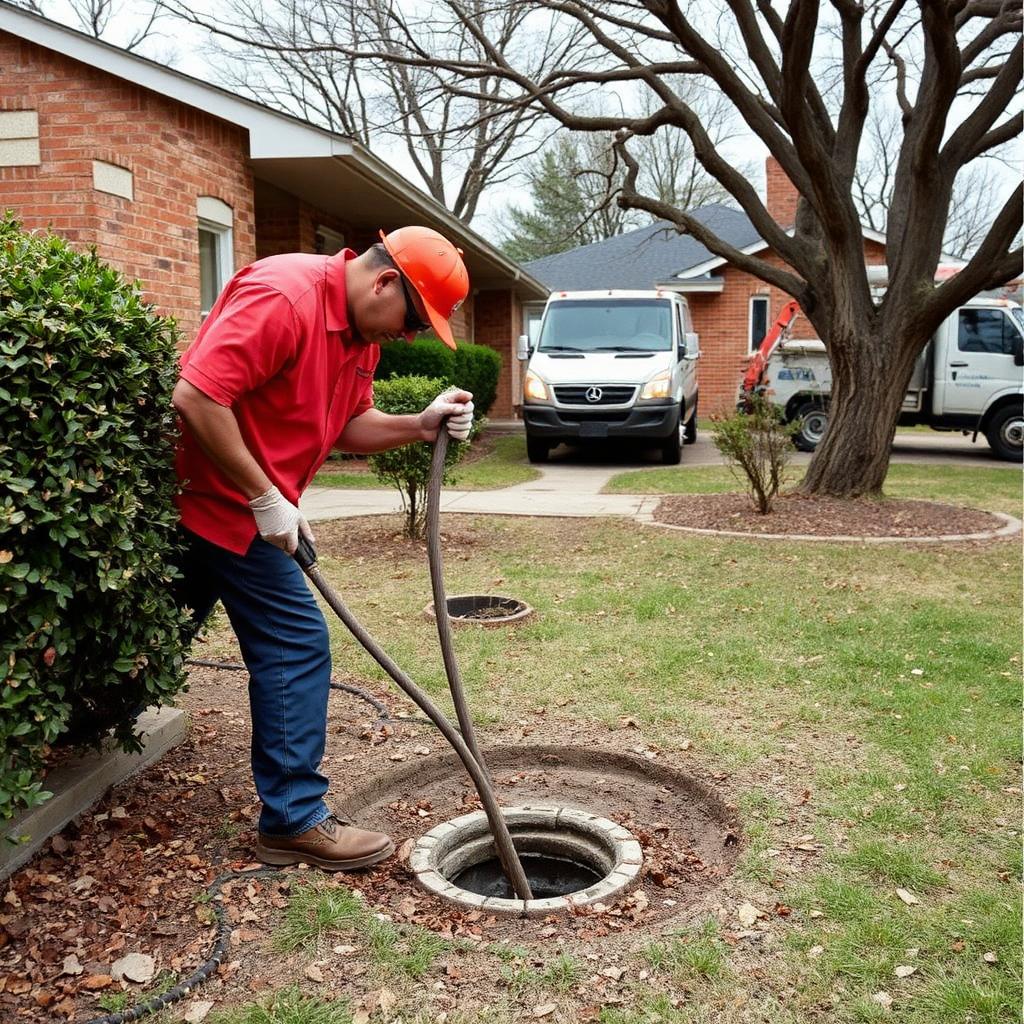 Sectional drain cleaning machine cabling into the cast iron main cleanout of a Richardson, TX condo