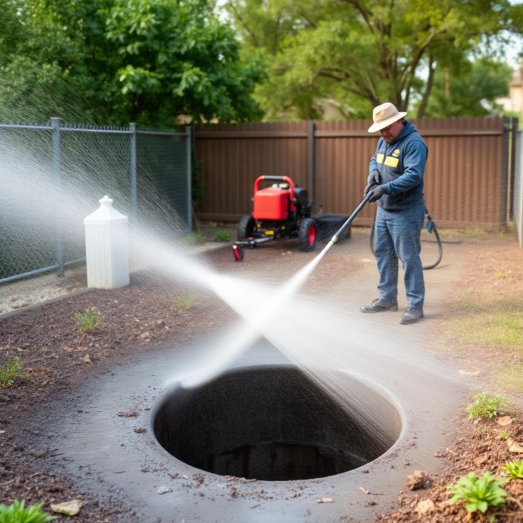 Close-up of a hydro jetting nozzle spraying inside a cast iron sewer pipe removing scale