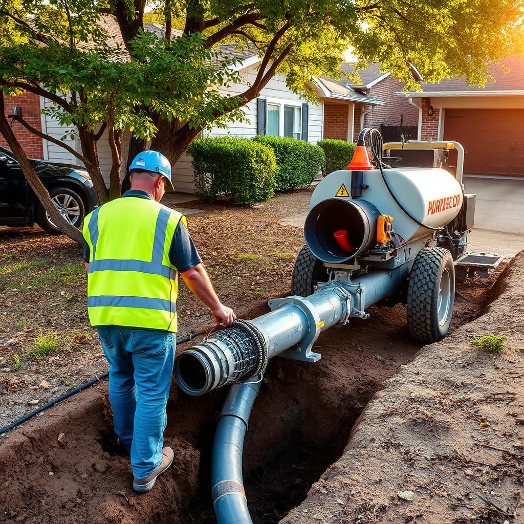 Compact pipe bursting rig positioned behind a Richardson, TX townhome sewer cleanout