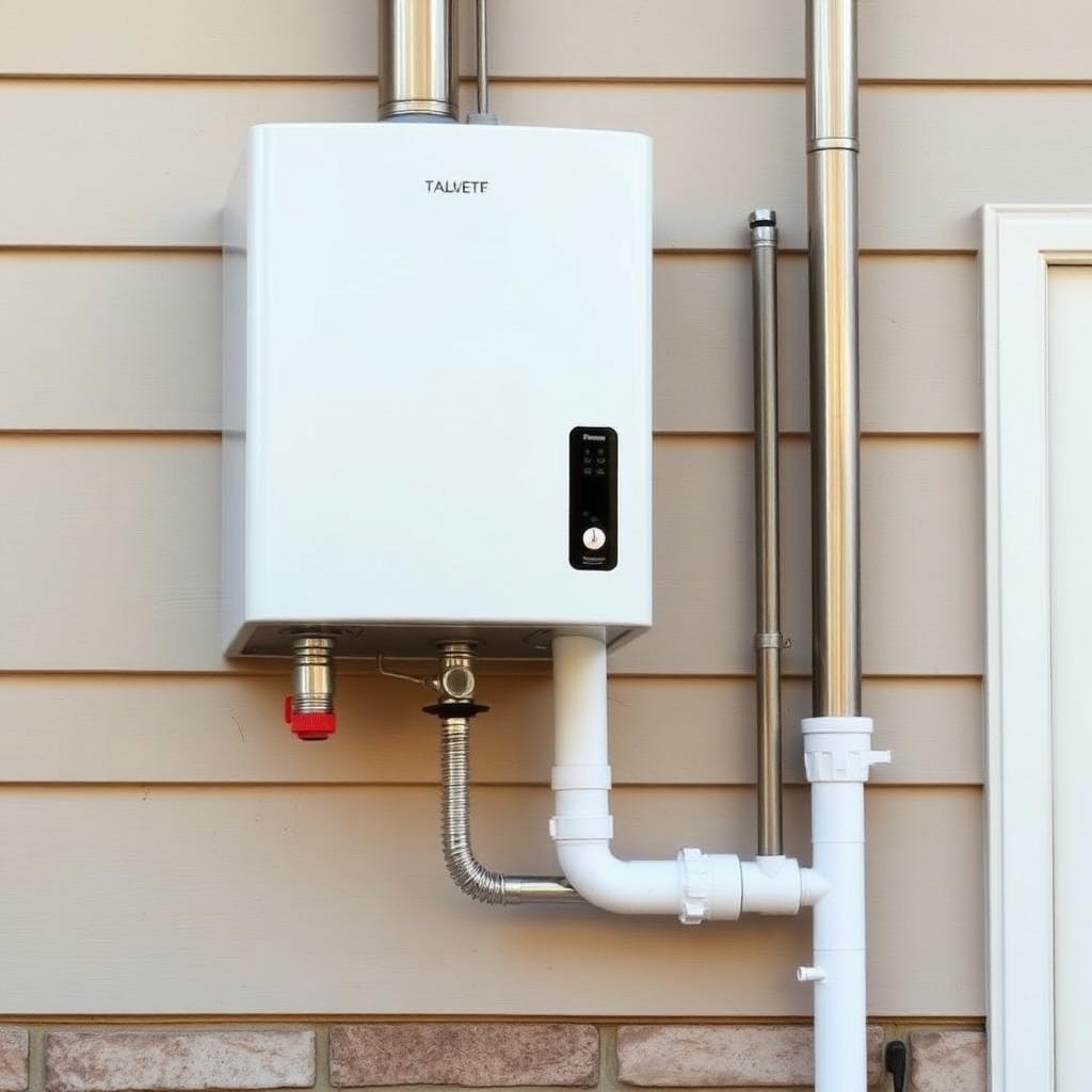 Plumber performing annual descaling on a tankless water heater in a Richardson, TX utility closet